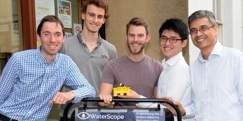 WaterScope team 13/06/16 Waterscope launch event
Centre for Global Equality, Emmanuel Church Centre, Trumpington St, Cambridge. Waterscope Launch Event. Waterscope Team l-r: Richard Bowman, Ben Trigg, Alex Patto, Tianheng Zhao (c), Nalin Patel.
Pic: Vikki Lince